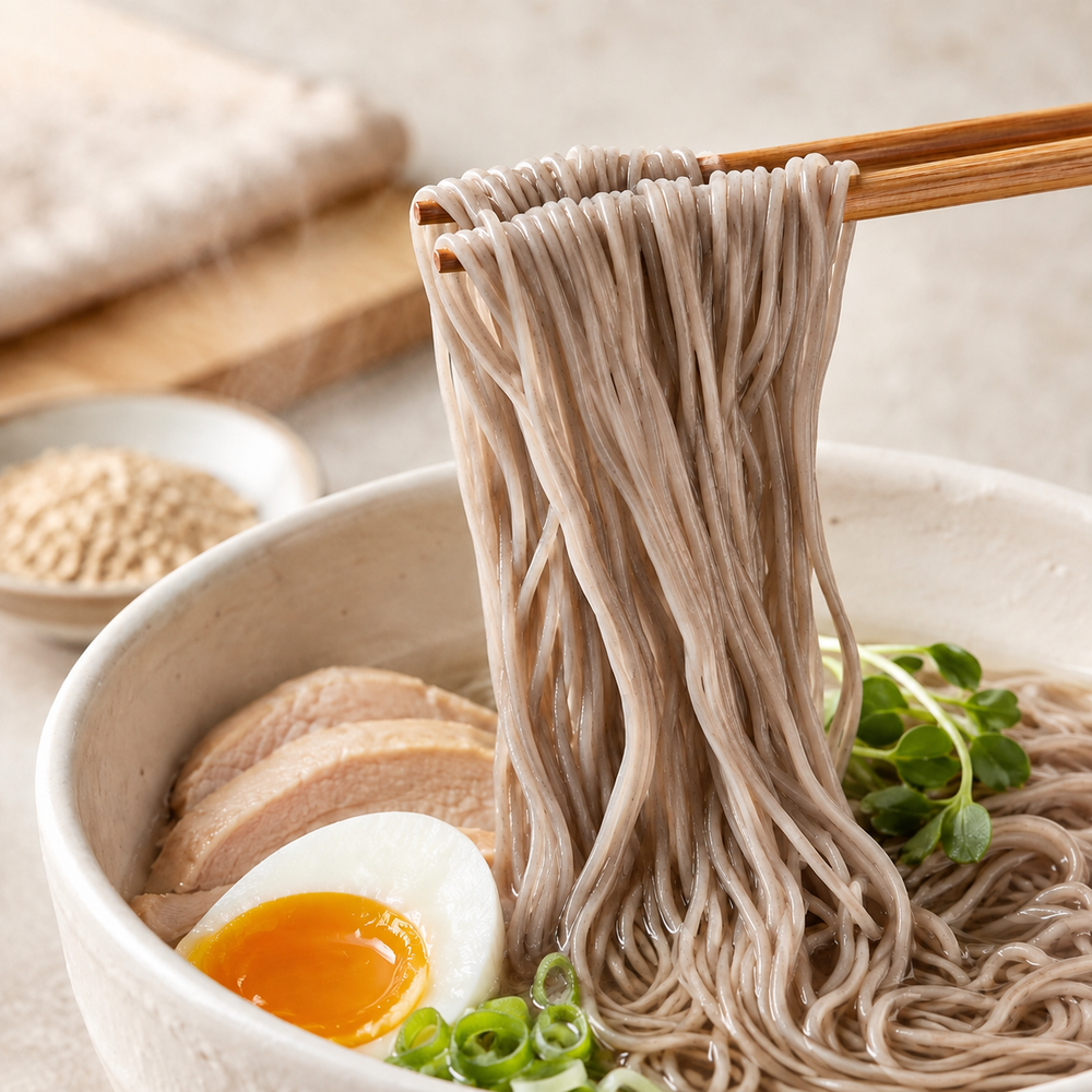 筷子夾起MyoNoodle Pro麵條，呈現麵條與穀物色澤
