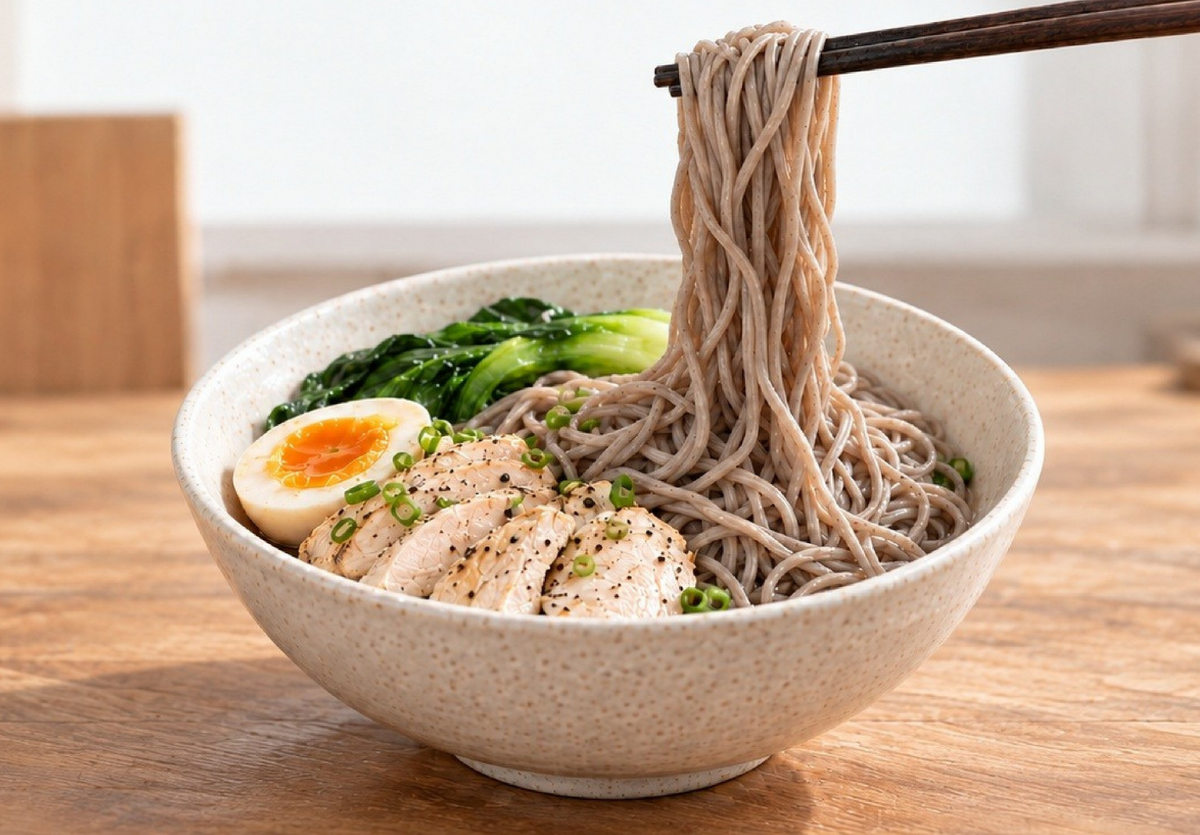 筷子夾起MyoNoodle Pro麵條，整碗配雞肉、雞蛋與蔬菜